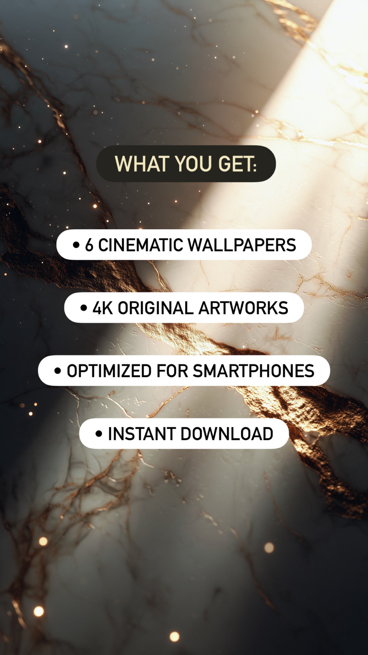 Promotional text overlay on a marble background with gold accents
